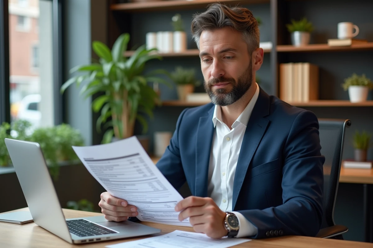 Entrepreneur utilisant une calculette en ligne pour estimer les frais de cession d'un fonds de commerce sur ordinateur portable