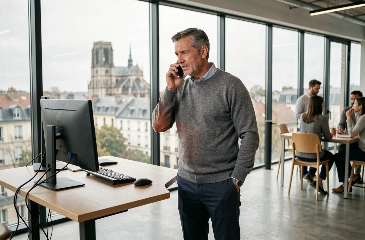 Entrepreneur en télétravail dans un espace coworking avec vue sur la cathédrale de Chartres en arrière-plan