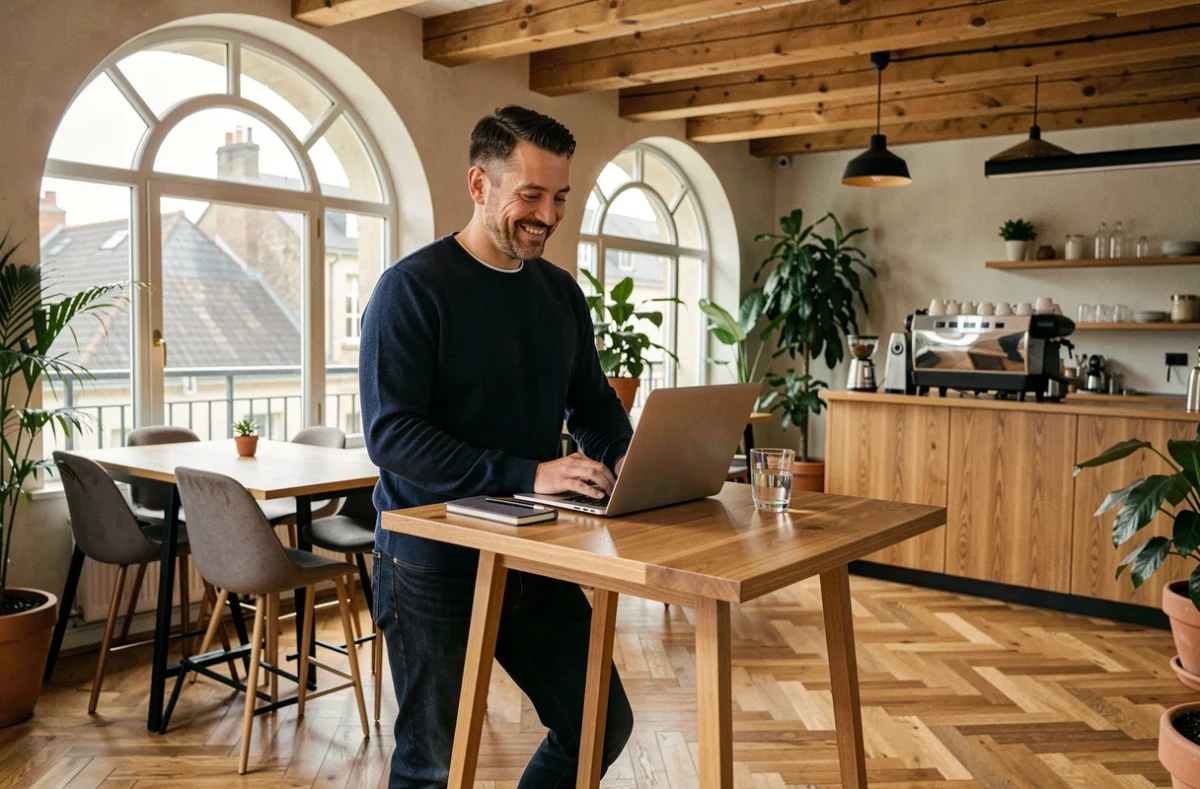Homme entrepreneur travaillant debout dans le salon commun d'un espace de coworking à Libourne avec vue sur les toits de la ville