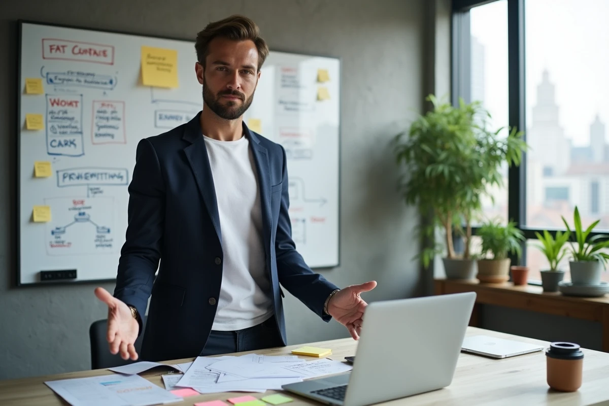Entrepreneur masculin en blazer marine devant un tableau blanc avec stratégie d'offre commerciale dans un espace de coworking moderne
