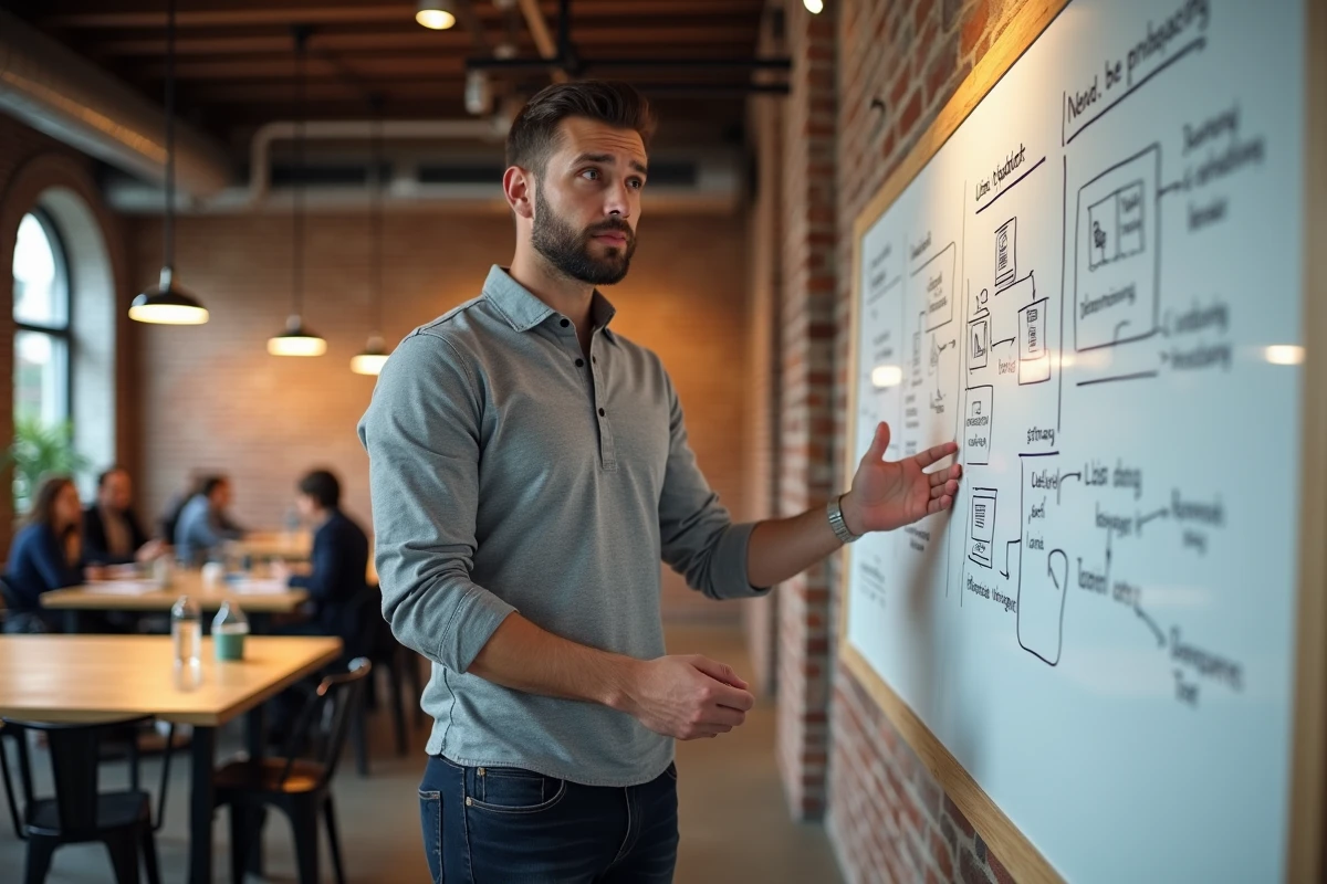 Entrepreneur web présentant une stratégie de business en ligne sur un tableau blanc dans un espace de coworking