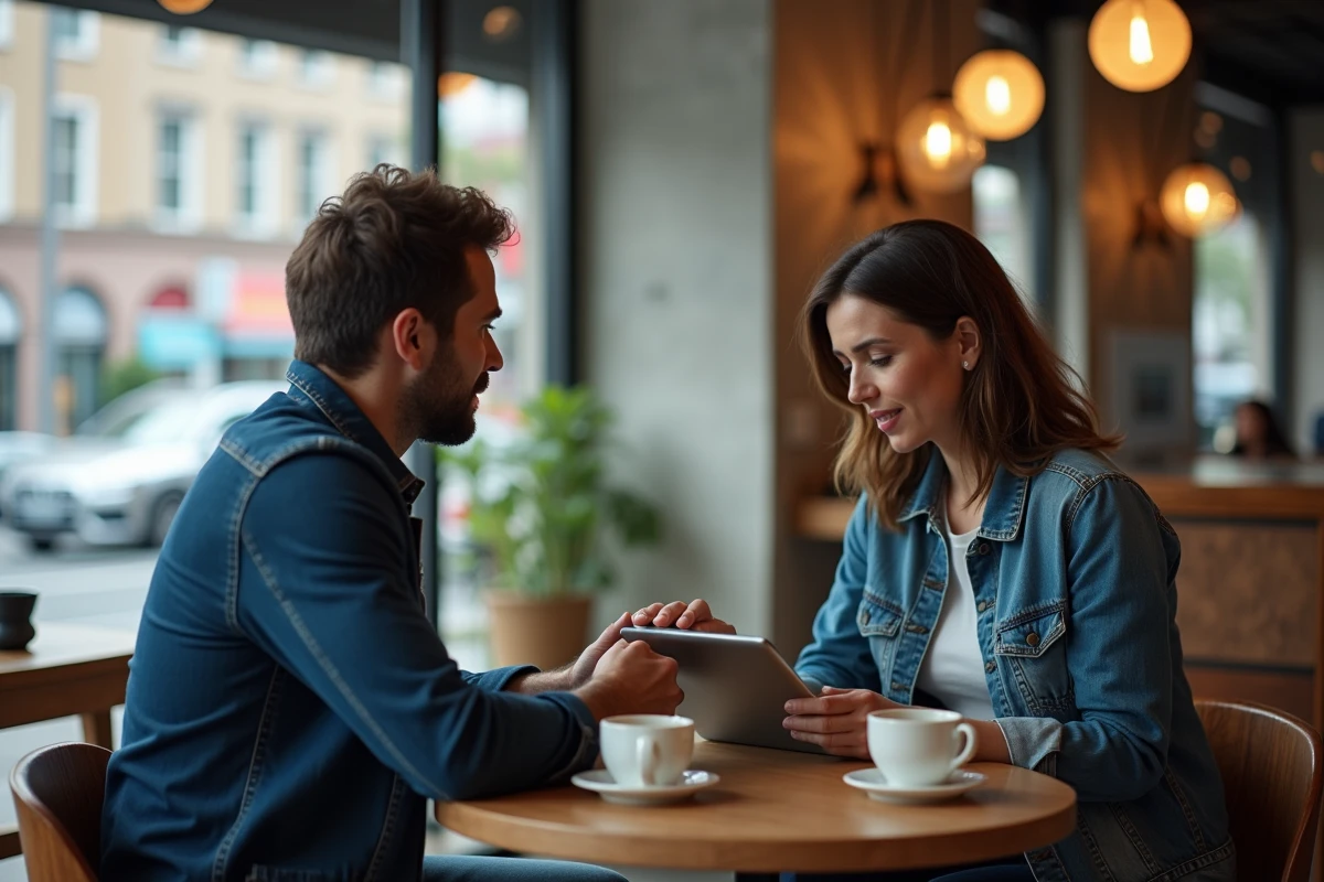 Deux jeunes entrepreneurs discutant de la fiabilité d'un site de partenariat commercial autour d'une tablette dans un café urbain