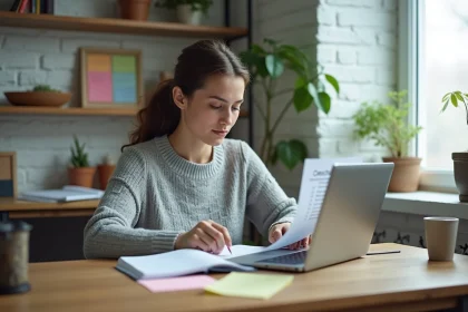 Jeune entrepreneuse analysant les erreurs courantes de démarrage d'activité digitale à son bureau à domicile