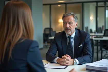 Un salarié en costume lors d'un entretien disciplinaire avec un responsable RH dans un bureau moderne, illustrant une situation de faute grave au travail