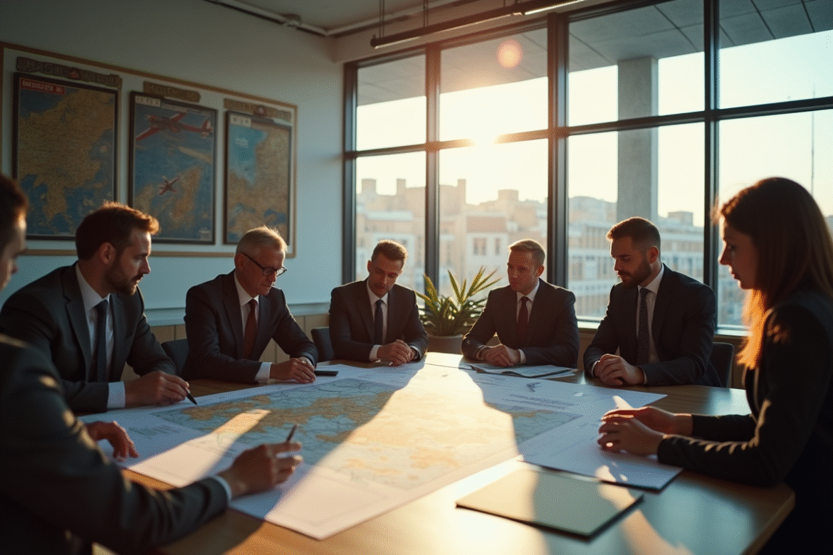 équipe d'affaires confiante dans un bureau moderne avec carte de vol