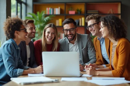 Groupe de collègues divers rient autour d'un ordinateur en open space