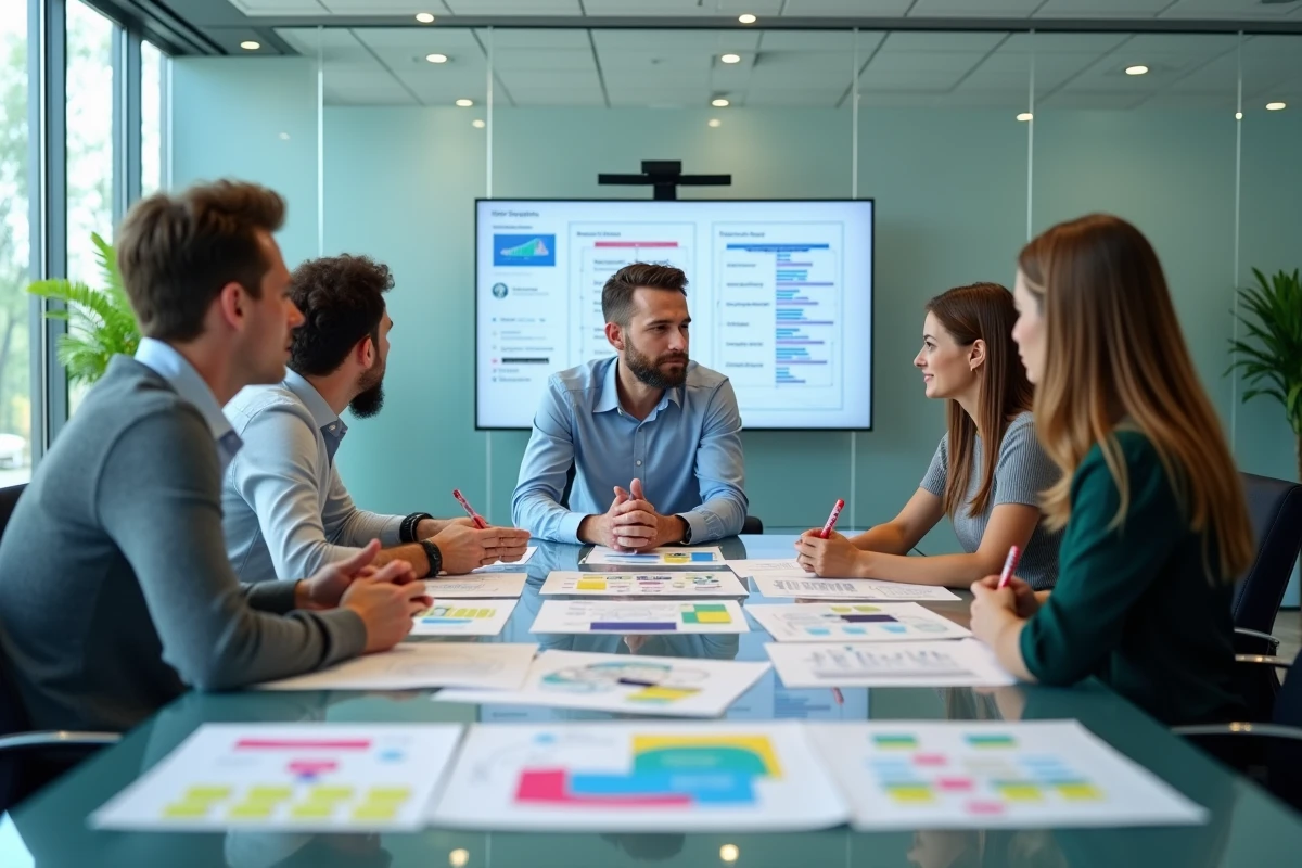 Équipe de trois professionnels collaborant sur une offre commerciale irrésistible autour d'une table de conférence avec des business canvas