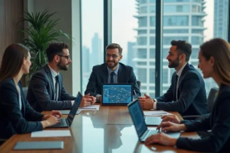 Groupe de professionnels en réunion dans un bureau moderne