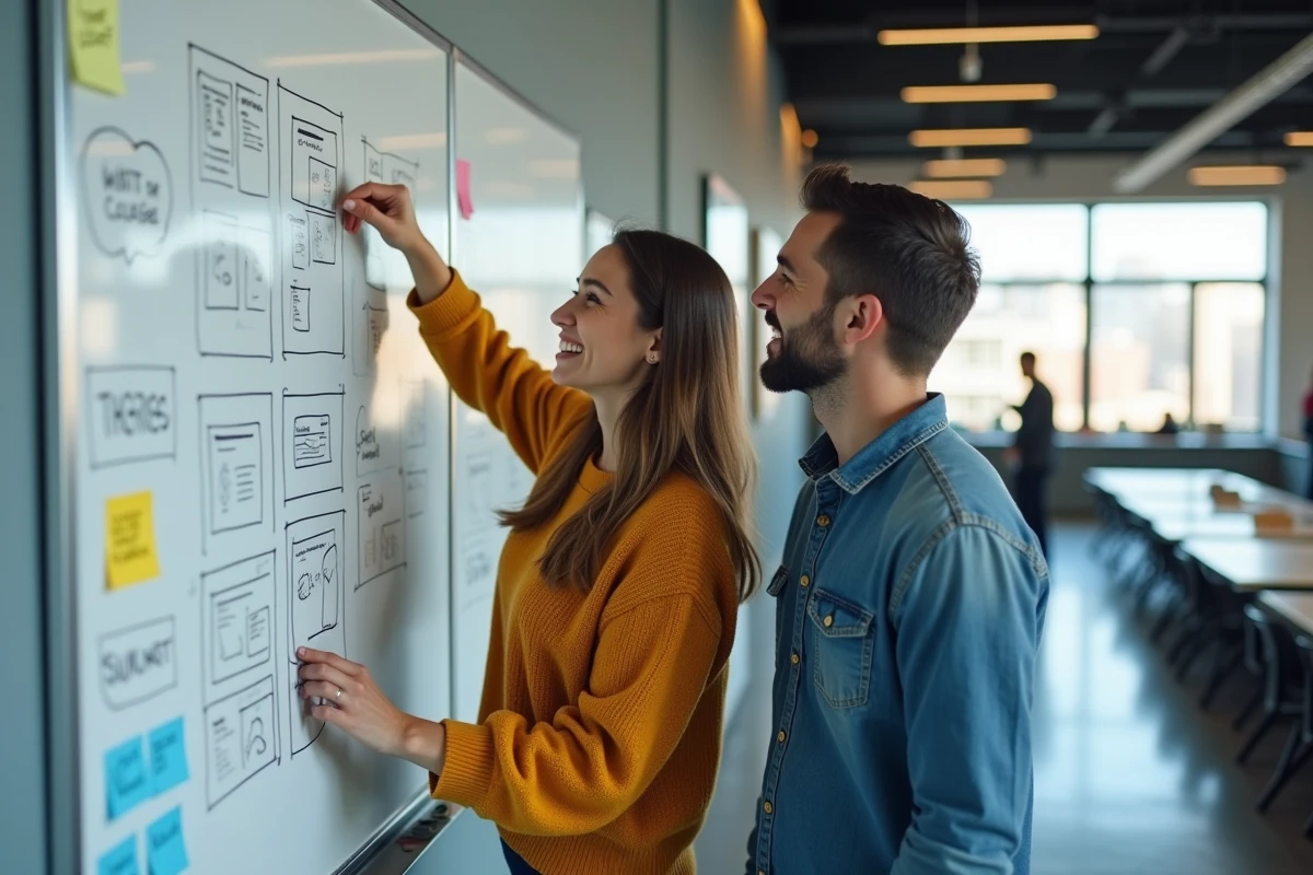 Équipe créative discutant de la conception d'un site internet devant un tableau blanc avec des wireframes dans un espace de coworking