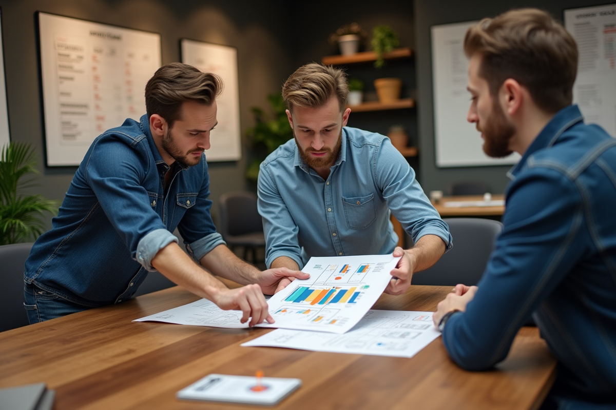 Groupe de collègues analysant un graphique dans une salle de réunion
