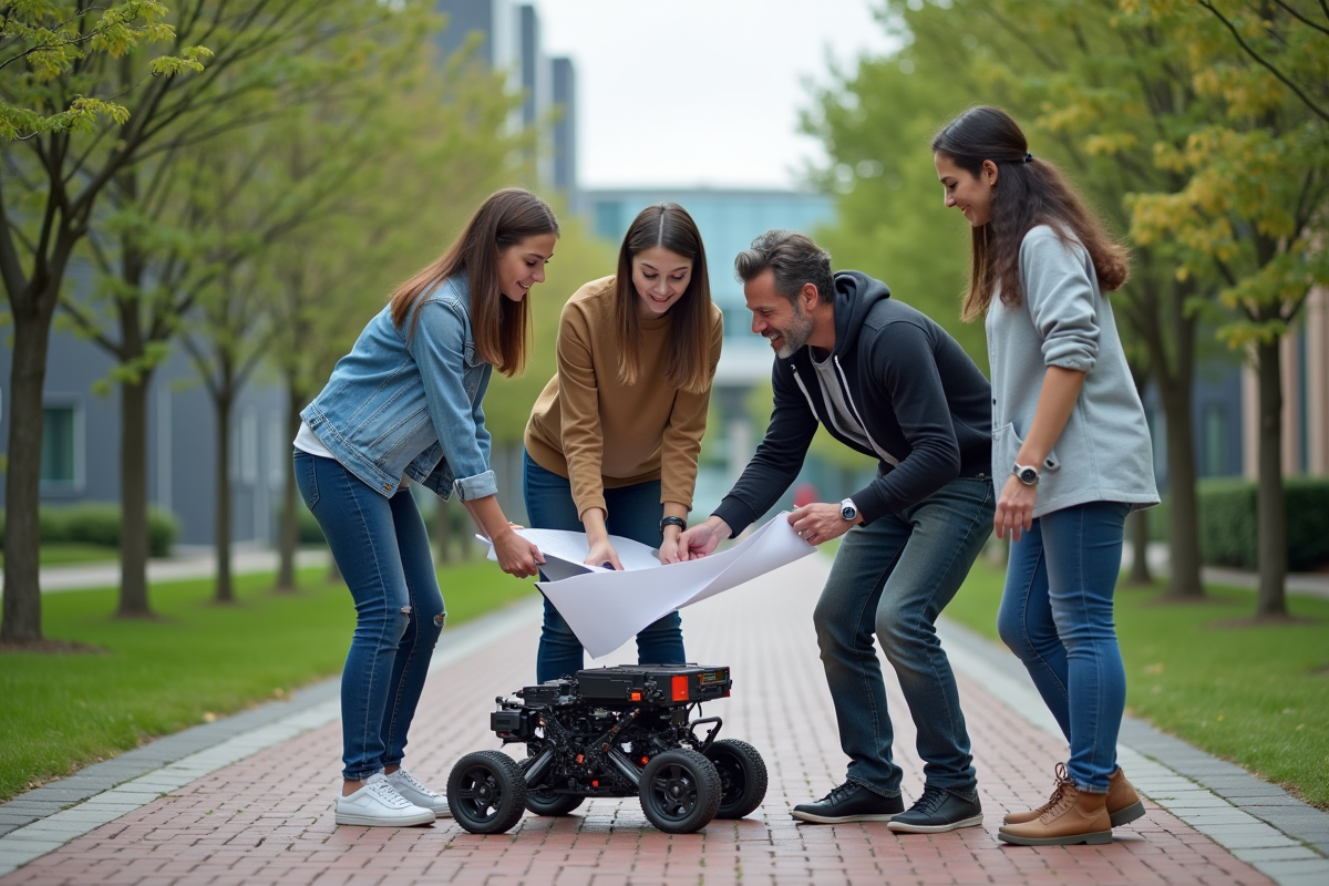 Equipe diversifiee d ingénieurs autour d un prototype en plein air