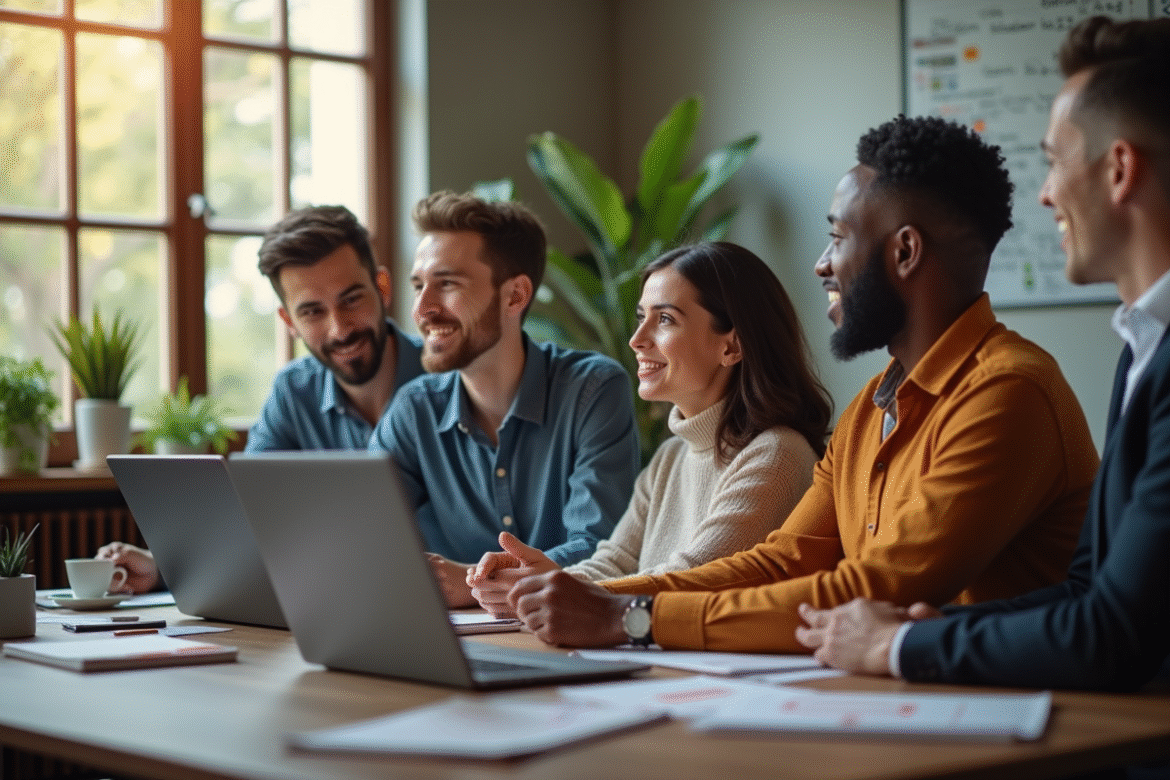 Groupe divers de professionnels dans un bureau moderne en pleine discussion