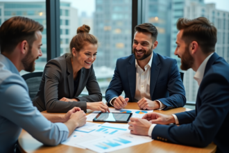 Groupe de professionnels en réunion dans un bureau moderne