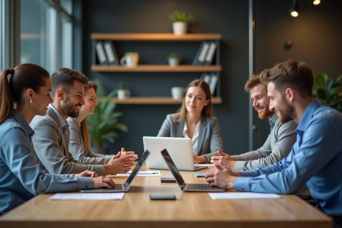 Groupe de professionnels en réunion de travail en bureau moderne