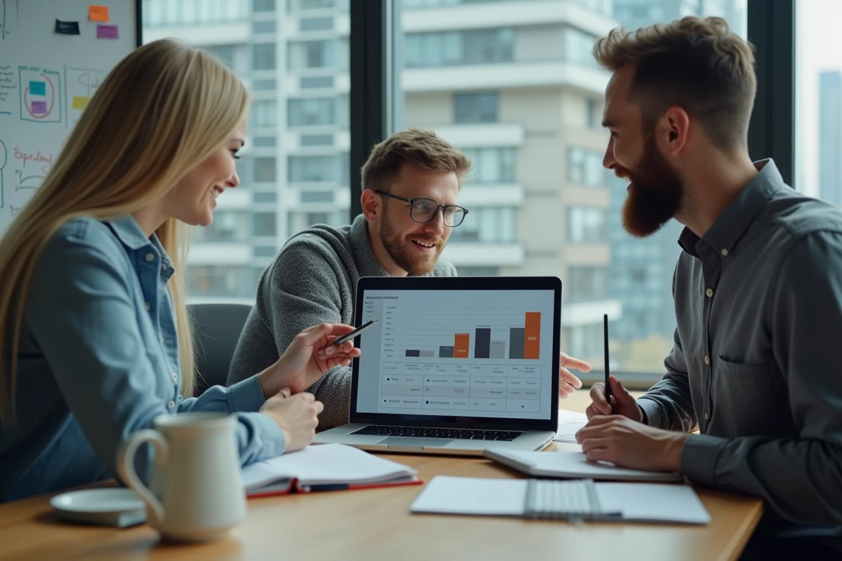 Une équipe de trois collaborateurs discute du choix d'un CRM métier lors d'une réunion autour d'un ordinateur portable