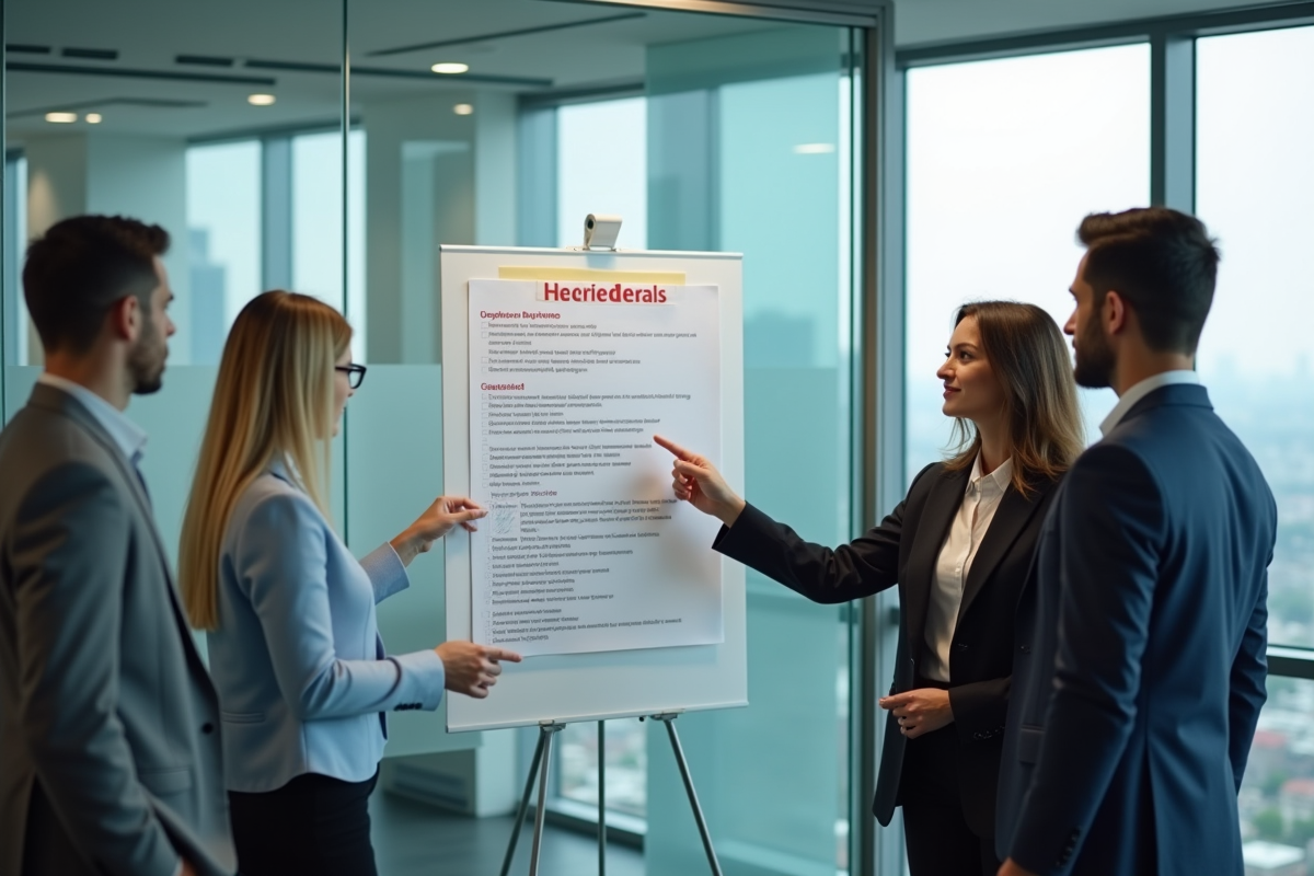 Groupe de collègues discutant d une checklist de conformité