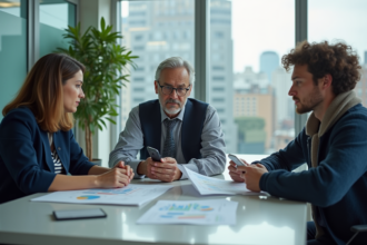 Groupe de professionnels en réunion de stratégie en bureau moderne