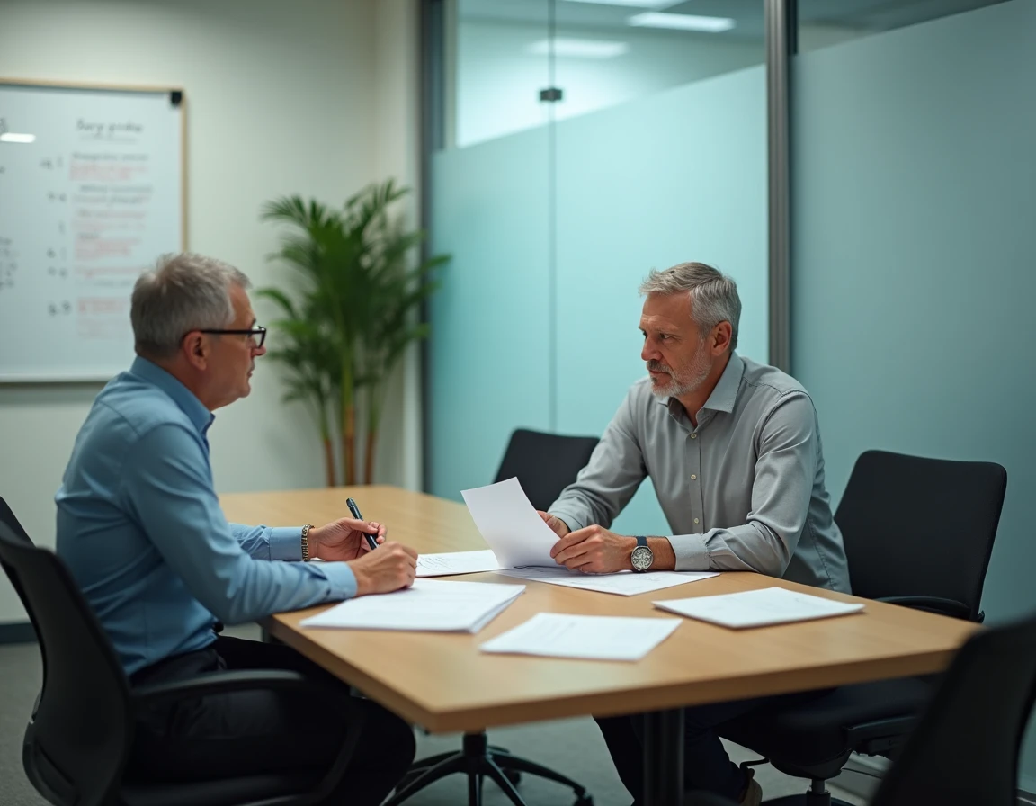 Deux collègues analysant des documents liés à un signalement de travail non déclaré en salle de réunion