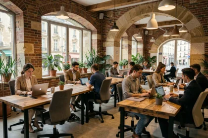 Espace de coworking moderne à Chartres avec des professionnels travaillant dans un cadre ouvert aux murs en briques apparentes