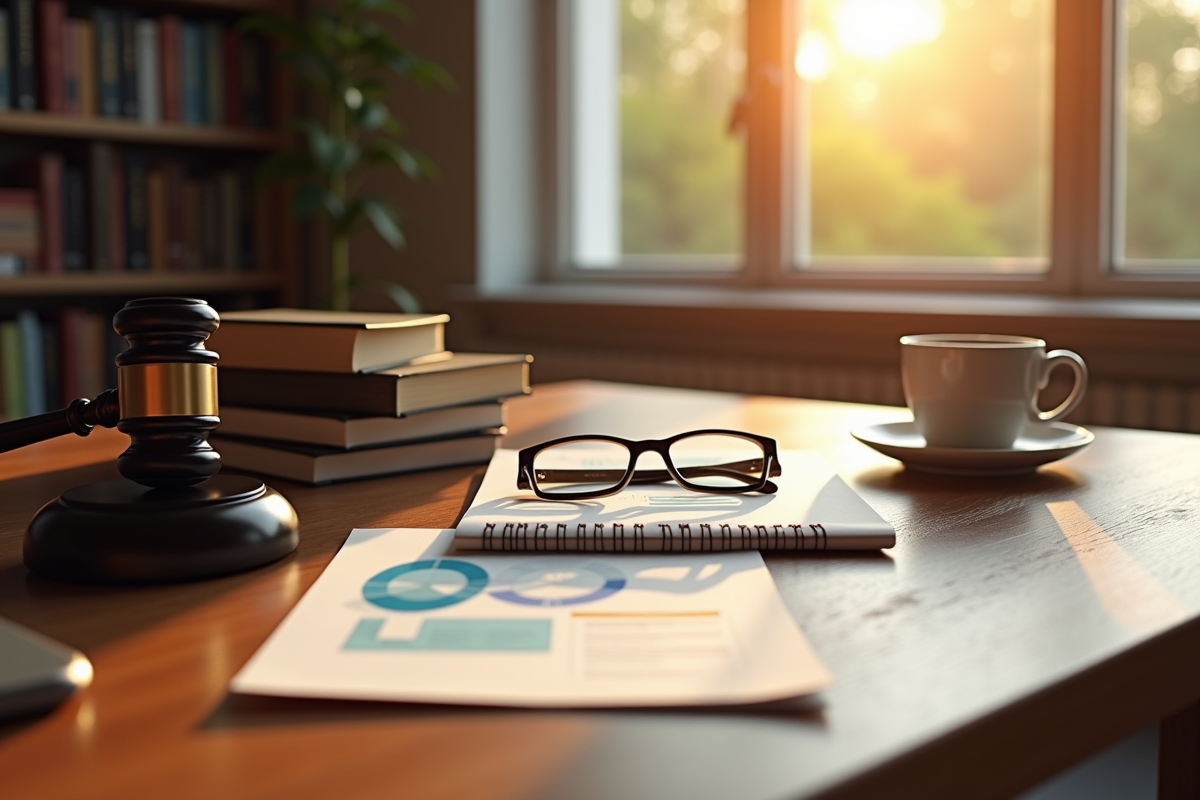 Espace de travail organisé avec livres de droit et tasse de café