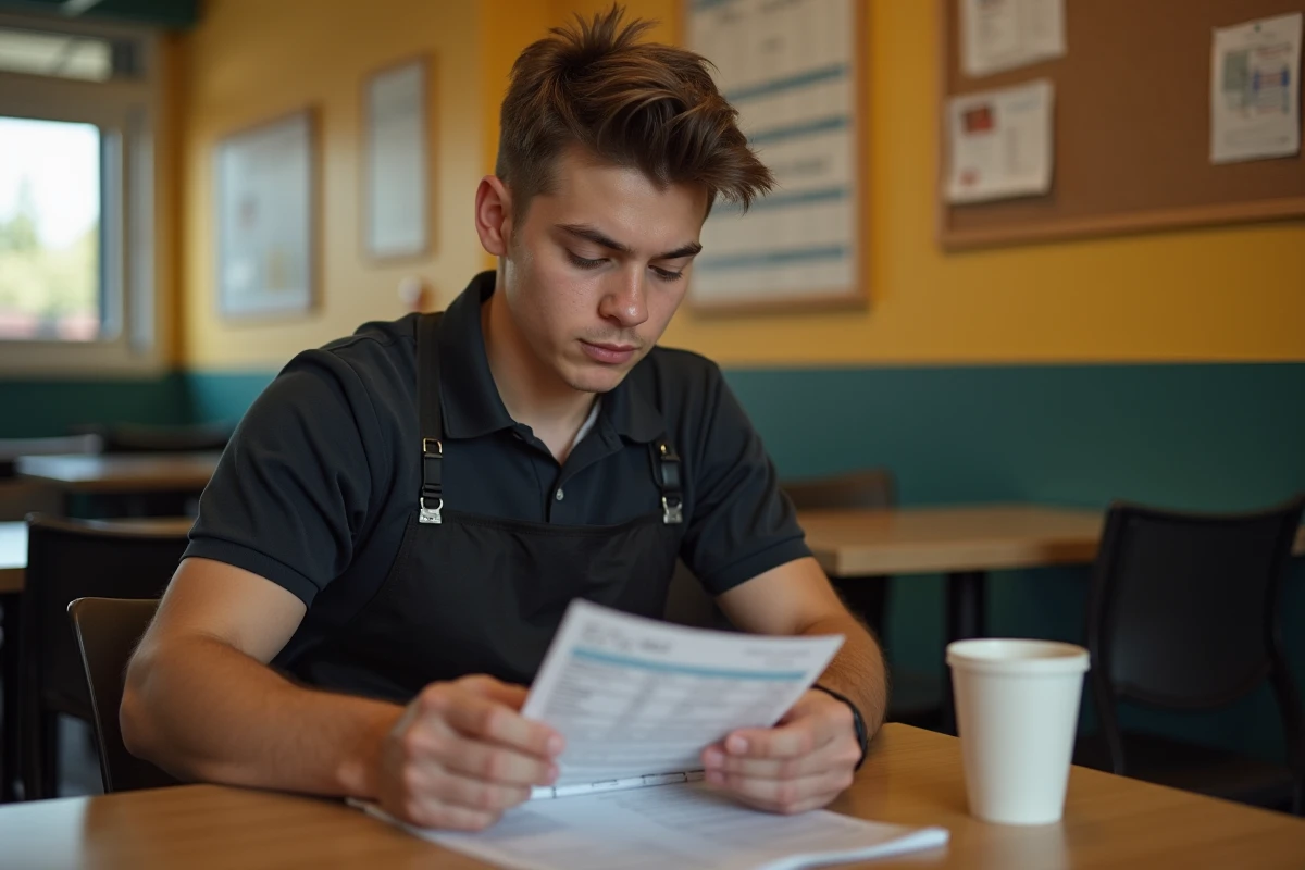 Jeune employé de fast-food consultant sa fiche de paie dans la salle de pause du personnel