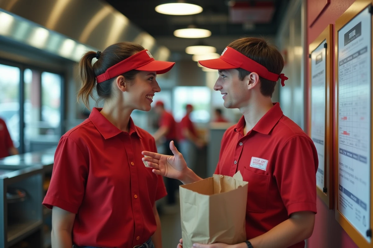 Deux étudiants en uniforme McDo discutant du planning des heures de travail dans la cuisine