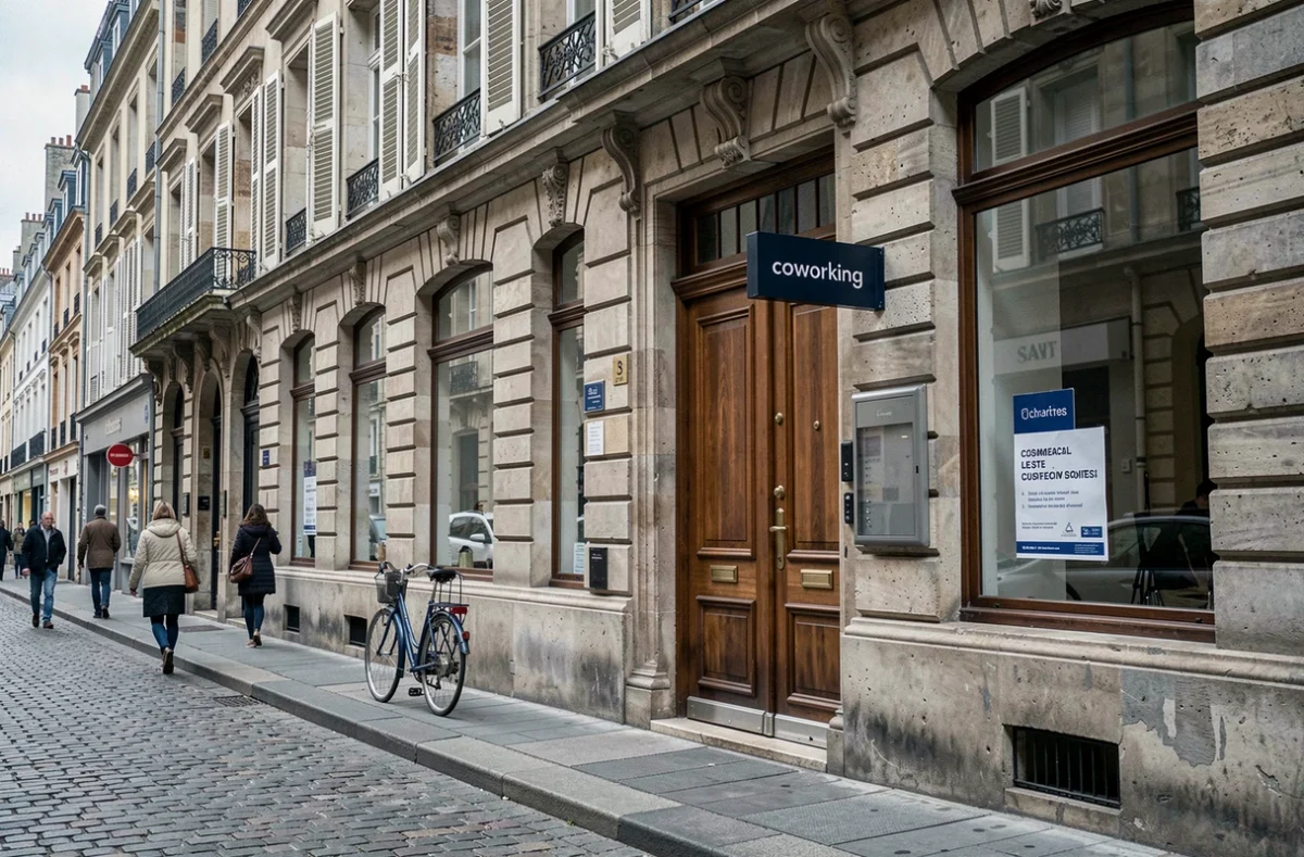 Façade d'immeuble haussmannien à Chartres montrant une enseigne de coworking et une vitrine en bail commercial classique