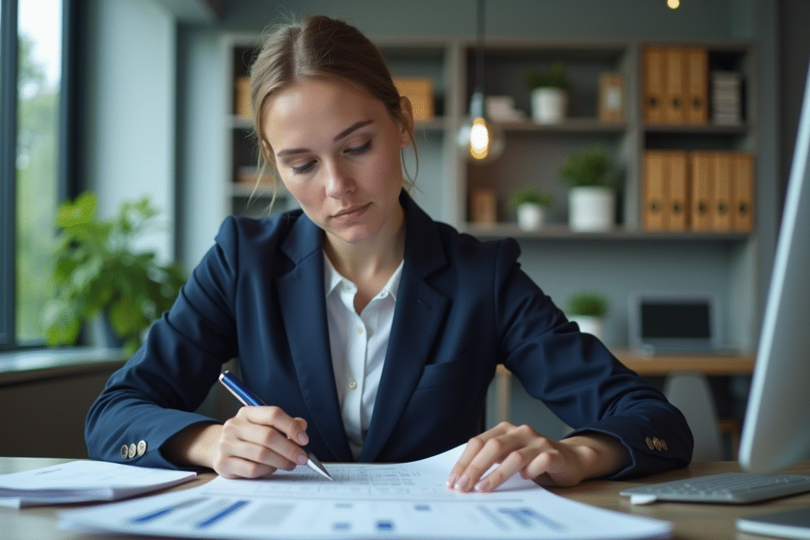 Femme d'affaires examine des documents financiers dans un bureau moderne