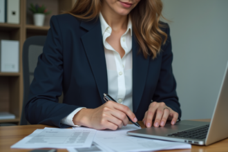 Femme d'affaires en train de trier des factures dans un bureau moderne