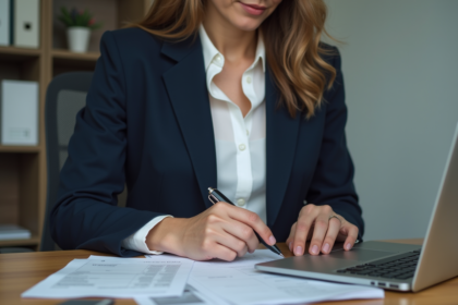 Femme d'affaires en train de trier des factures dans un bureau moderne