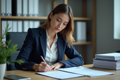 Femme d'affaires signant des documents dans un bureau moderne