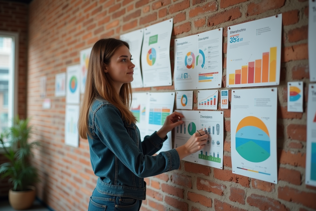 Jeune femme pinçant une infographie dans un mur de posters