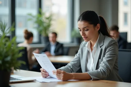 Femme cadre analysant sa fiche de paie dans un bureau moderne, représentant la compréhension des 67 heures mensuelles sur le contrat de travail