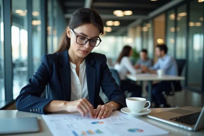 Femme analyste en blazer marine étudiant un document structuré dans un bureau moderne, illustrant le fonctionnement d'Opraz