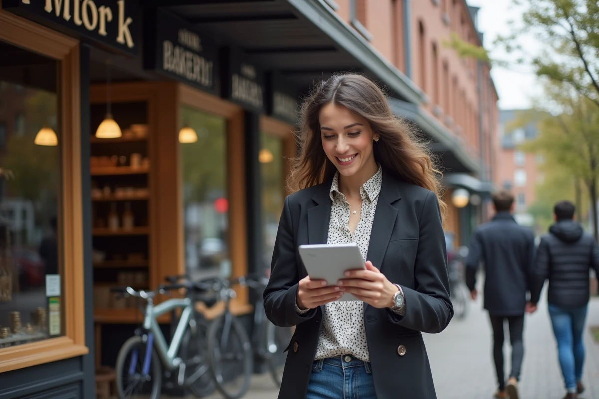 Jeune femme vérifiant sa tablette devant une boulangerie en ville