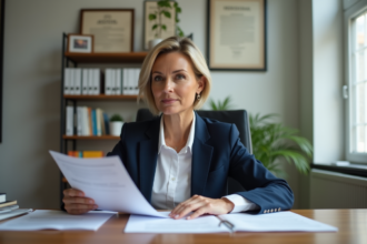 Femme professionnelle examinant des documents au bureau