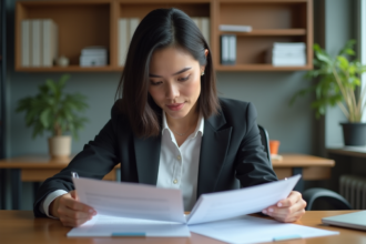 Femme d'affaires en bureau lisant des documents officiels