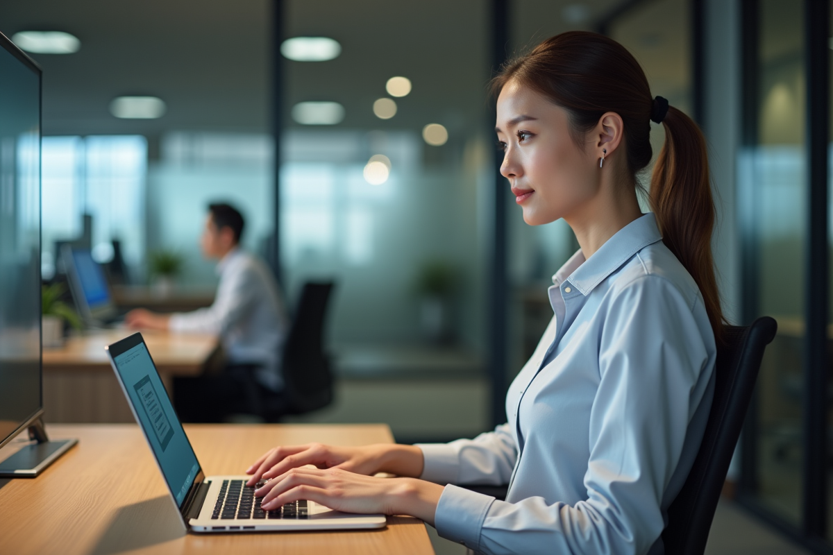 Jeune femme travaillant sur son ordinateur dans un bureau ouvert