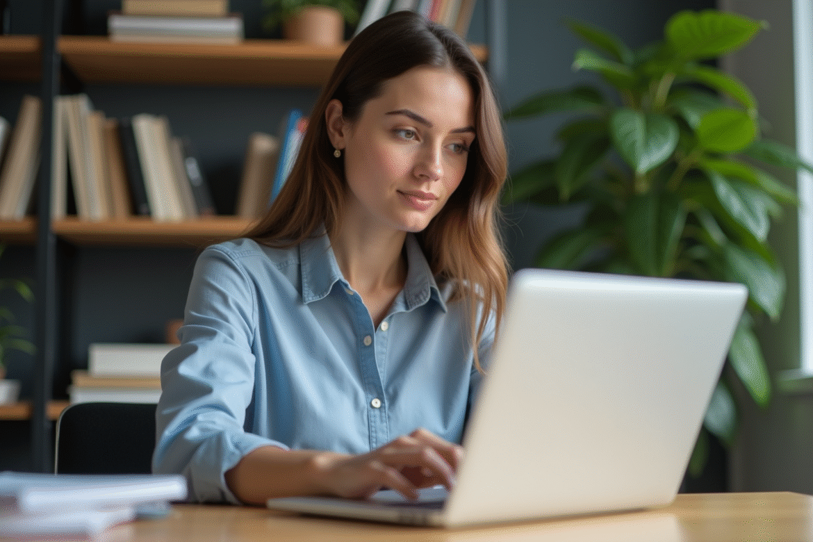 Jeune femme au bureau travaillant sur un ordinateur portable