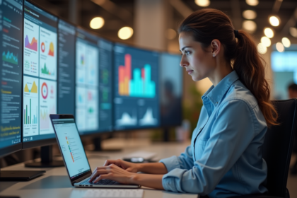 Femme au bureau utilisant un ordinateur pour marketing
