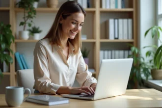 Femme au bureau à domicile travaillant sur son ordinateur