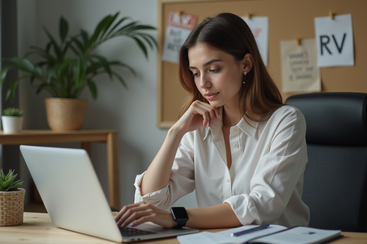 Jeune femme au bureau avec smartwatch et ordinateur