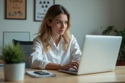 Femme au bureau saisissant son mot de passe pour se connecter