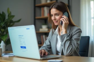 Femme au bureau téléphonant à l'Urssaf pour résoudre un problème de compte en ligne