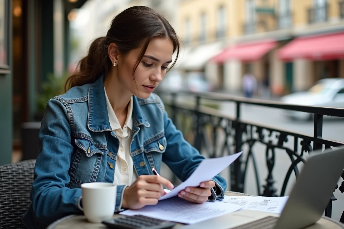 Jeune femme en extérieur consulte un dossier au café