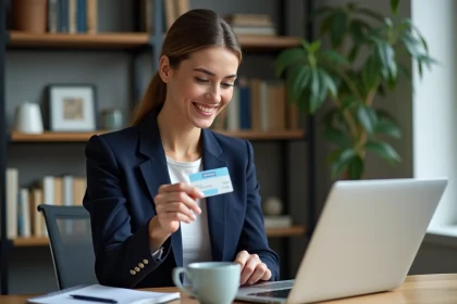 Femme professionnelle tenant une carte de visite Loxam devant un ordinateur portable pour réserver en ligne