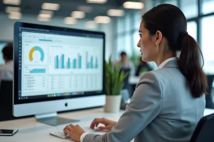 Une professionnelle en blazer gris compare des options de logiciels CRM sur un écran d'ordinateur dans un bureau moderne
