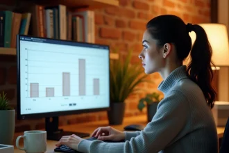 Femme analysant les plans tarifaires d'Elements Envato sur un écran d'ordinateur dans un bureau à domicile moderne