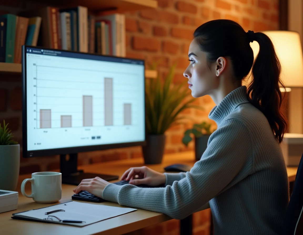 Femme analysant les plans tarifaires d'Elements Envato sur un écran d'ordinateur dans un bureau à domicile moderne