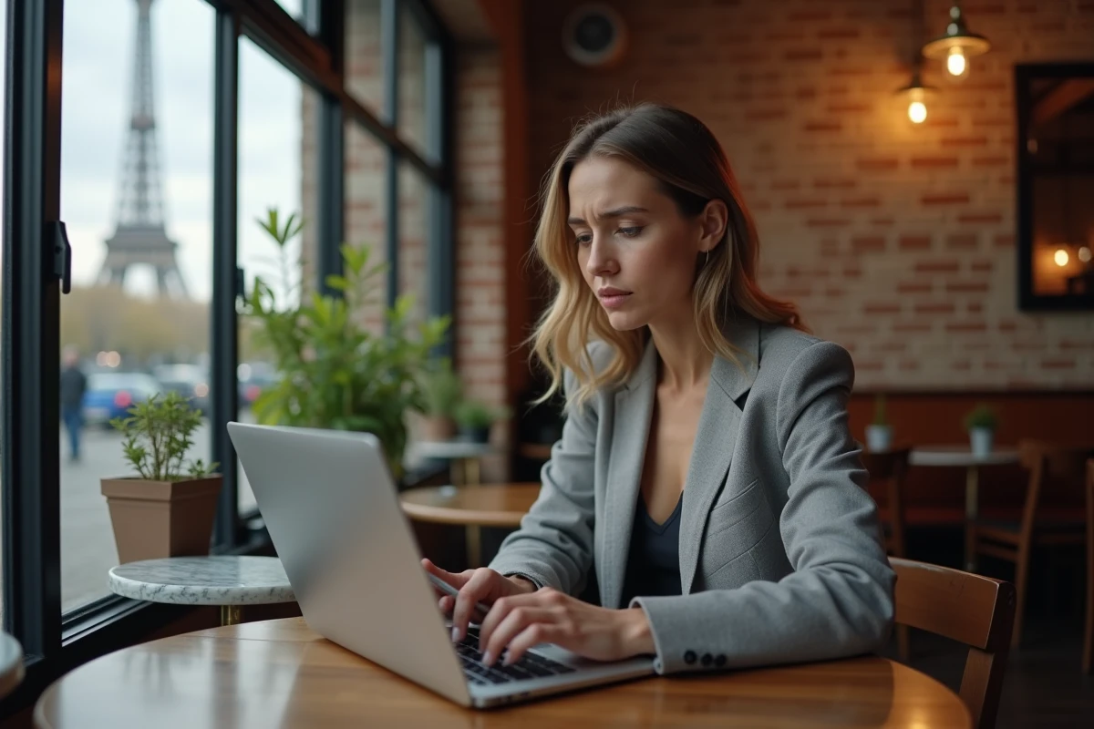Femme professionnelle frustrée tentant de se connecter au réseau Nomade Ville de Paris dans un café parisien avec un ordinateur portable et un smartphone